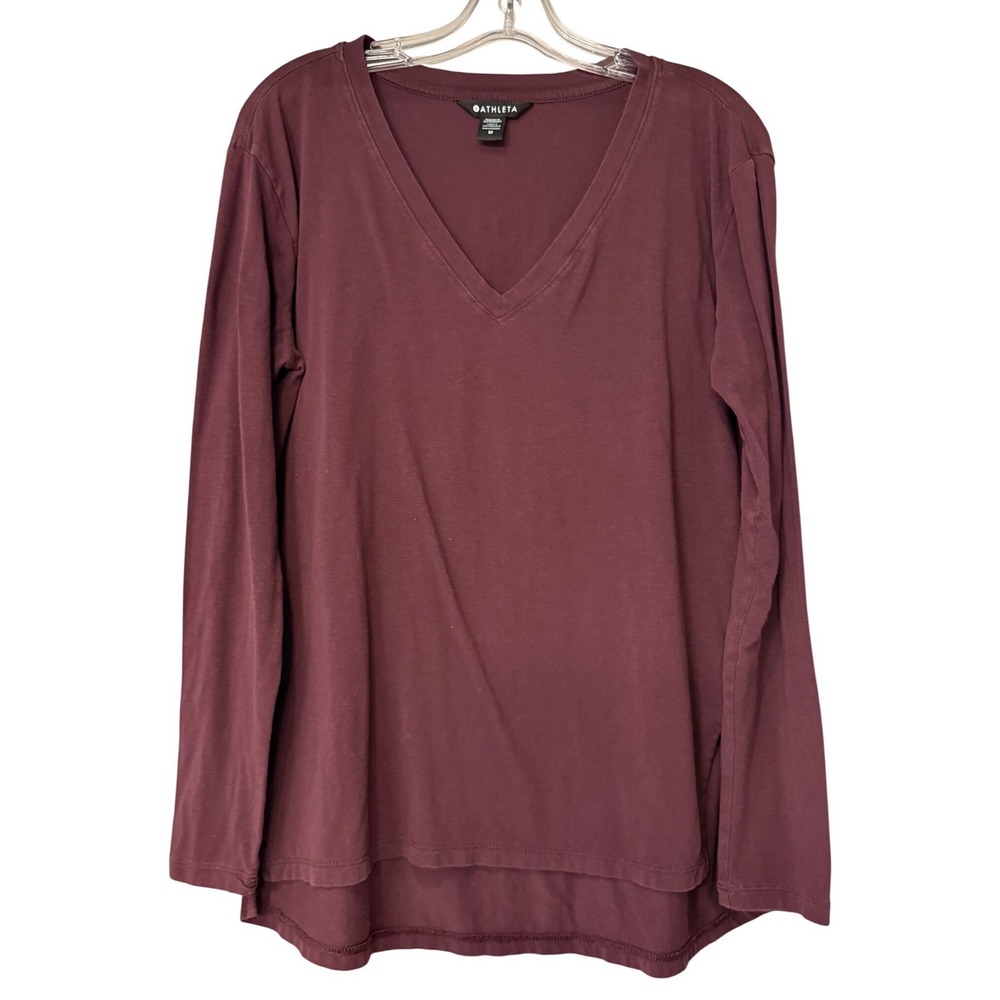 Athleta Womens V-Neck Long Sleeve Tee Burgundy Plum Cotton Blend Relaxed Fit M